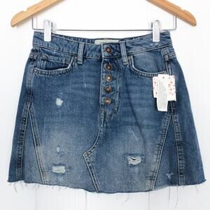 Free People Denim Skirt Mini Distressed A-Line Exposed Button Fly Size 25 Blue